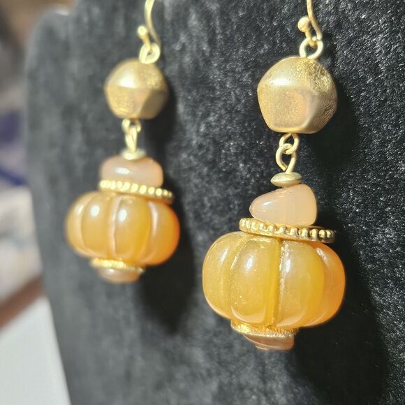 Cato Gold Tone Chunky Tan Beaded Dangling Earrings - Picture 8 of 14